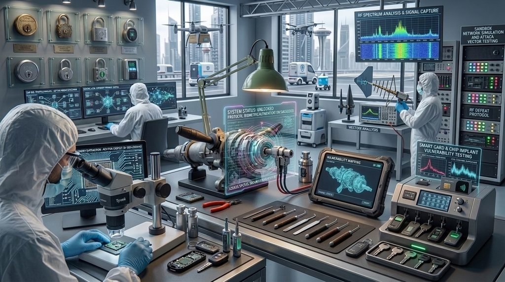 A high-tech automotive security lab where technicians in protective gear analyze car keys, ignition systems, electronic components, and wireless signals using advanced diagnostic equipment.