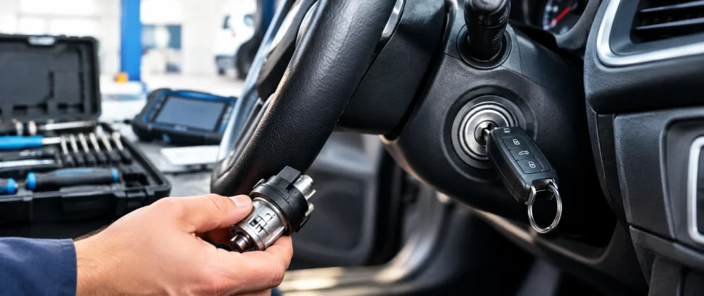 Car ignition repair with automotive locksmith tools and key in ignition