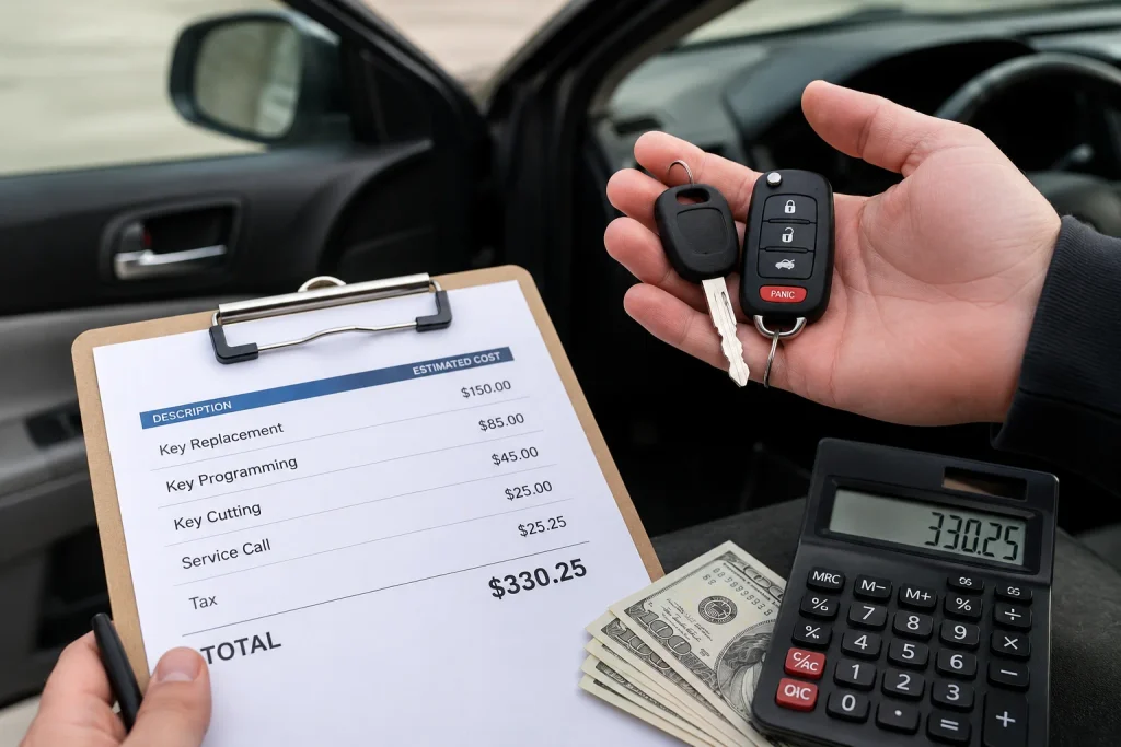 Car key replacement estimate showing key programming, key cutting, and service costs