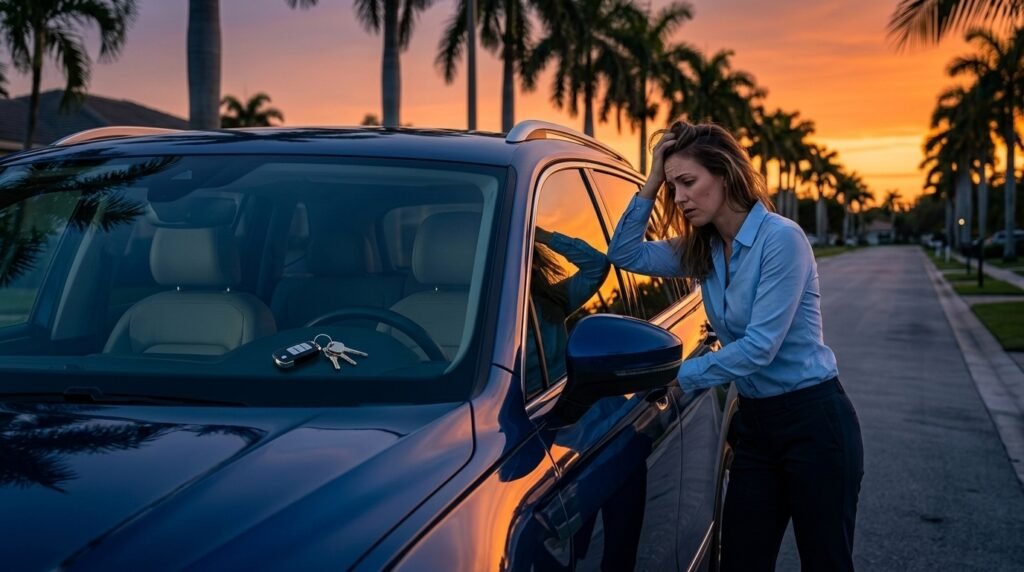 Driver locked out of SUV with car keys visible on the dashboard at sunset.