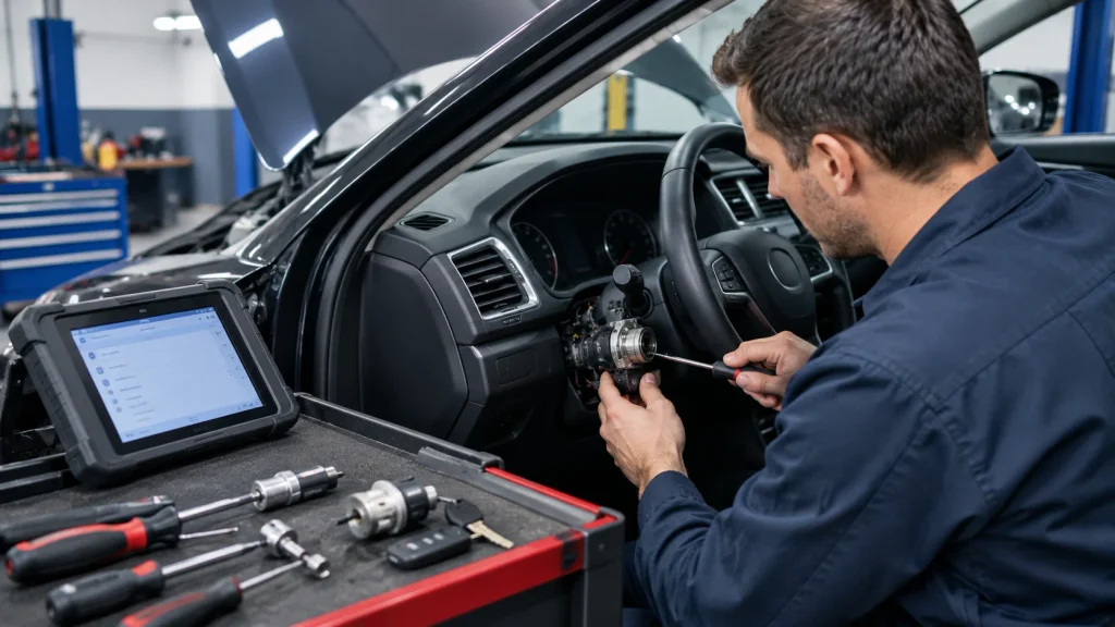 Car ignition repair technician servicing an ignition cylinder with automotive diagnostic tools