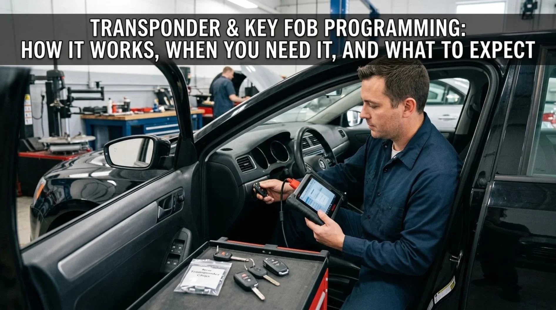 Professional mechanic using diagnostic scanner to program car transponder and key fob in vehicle