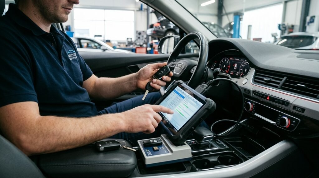 An automotive locksmith inside a vehicle using a specialized key programming device to sync a replacement transponder key fob to the car's computer system.