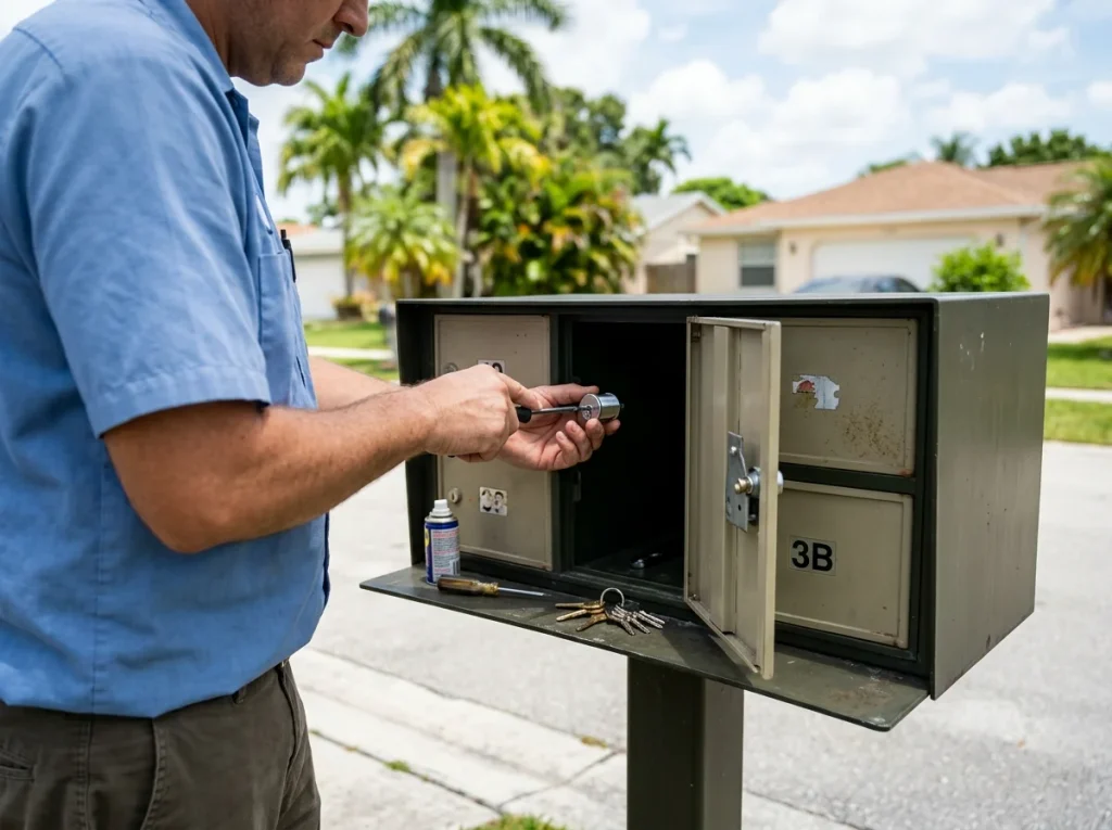 Mailbox technician replacing a lock on an open residential community mailbox outdoors