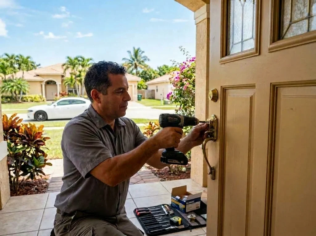 Locksmith installing a deadbolt on a wooden front door of a Lauderdale Lakes home