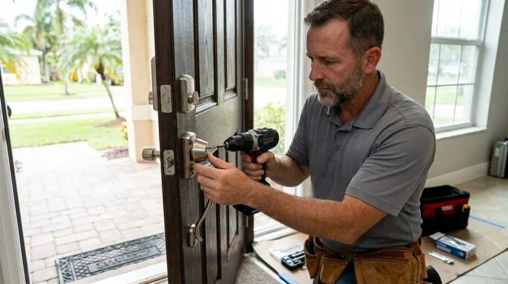Locksmith installing a new door lock with a drill in a Lauderdale Lakes home
