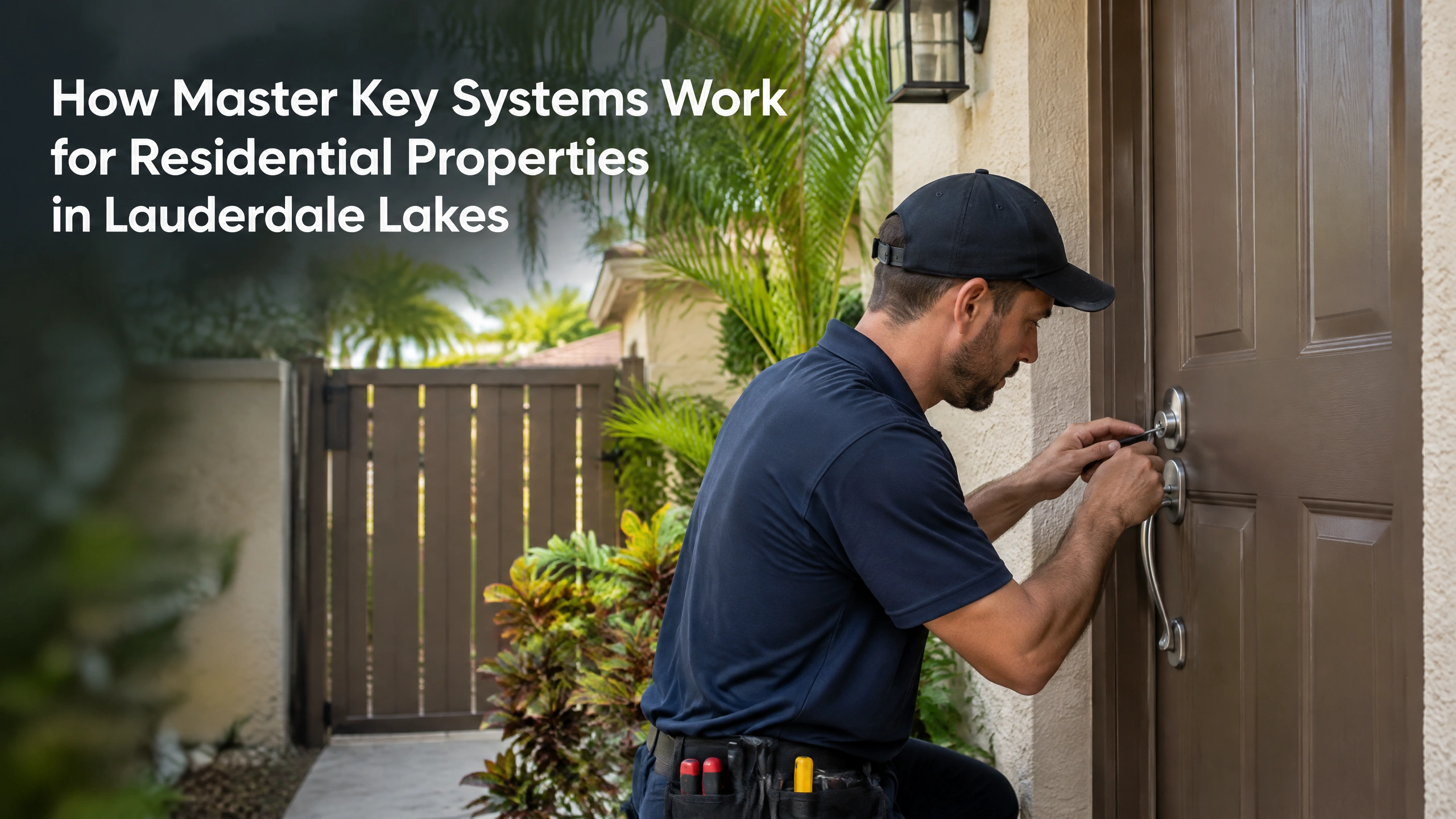 Professional locksmith working on a door lock to set up a master key system