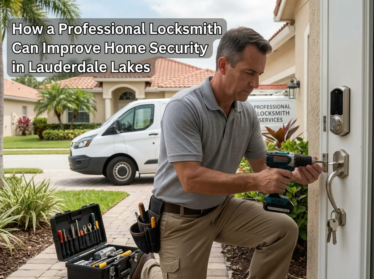 Locksmith installing a smart lock on a front door in Lauderdale Lakes