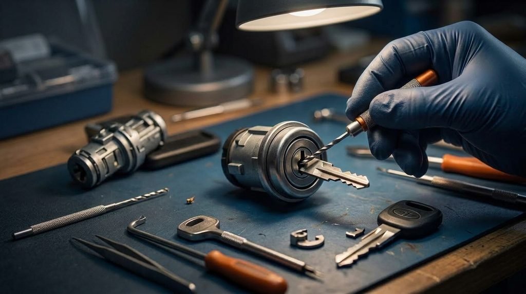 Automotive locksmith repairing car ignition lock cylinder with keys and tools