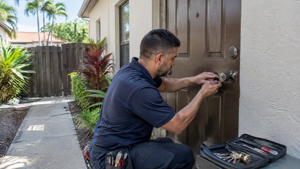 Locksmith installing a keyed door lock for a residential master key system