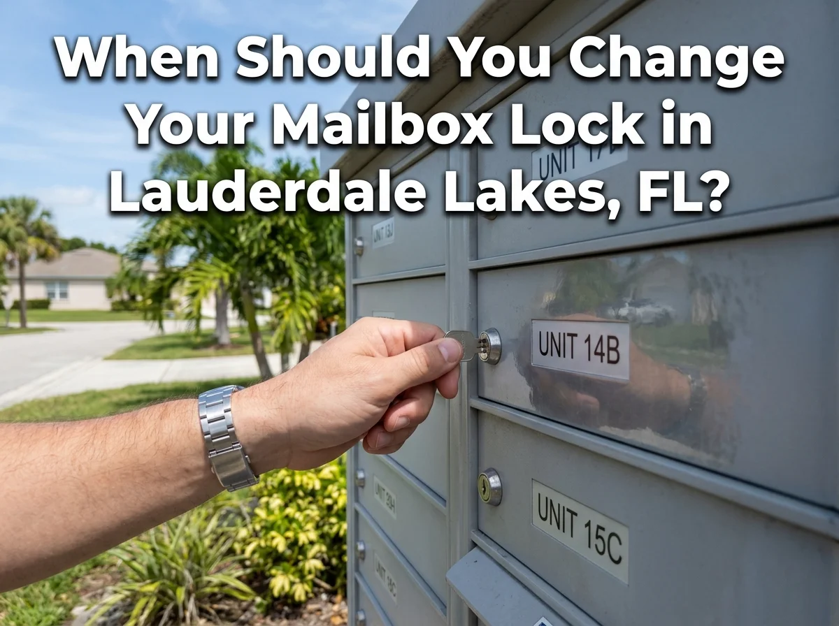 A hand using a key to change the lock on a community mailbox in Lauderdale Lakes, Florida