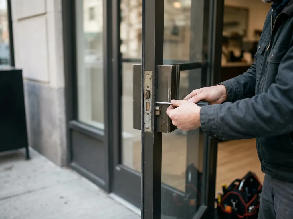 A commercial locksmith carefully disassembling a heavy-duty door lock on a business storefront, demonstrating the hands-on work involved in replacing outdated or failing commercial hardware.