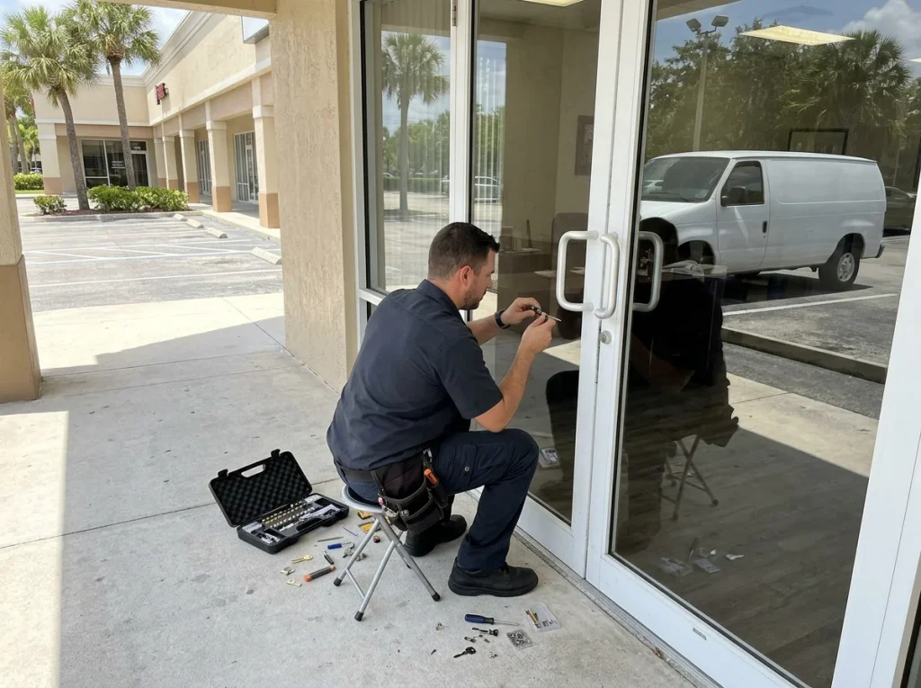 Locksmith rekeying a commercial glass storefront door with tools and a pinning kit on the sidewalk.