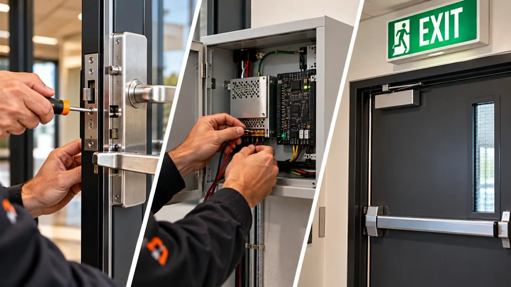 Commercial access control technician demonstrating an RFID card reader at an office entrance, with examples of security cameras, electronic locks, and keypad systems.