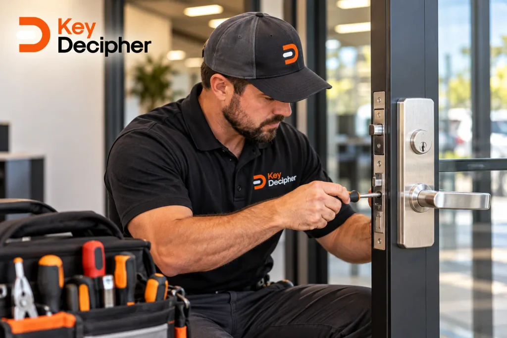 Commercial locksmith installing door hardware, with examples of commercial locksets, door closers, heavy-duty hinges, and access control systems.