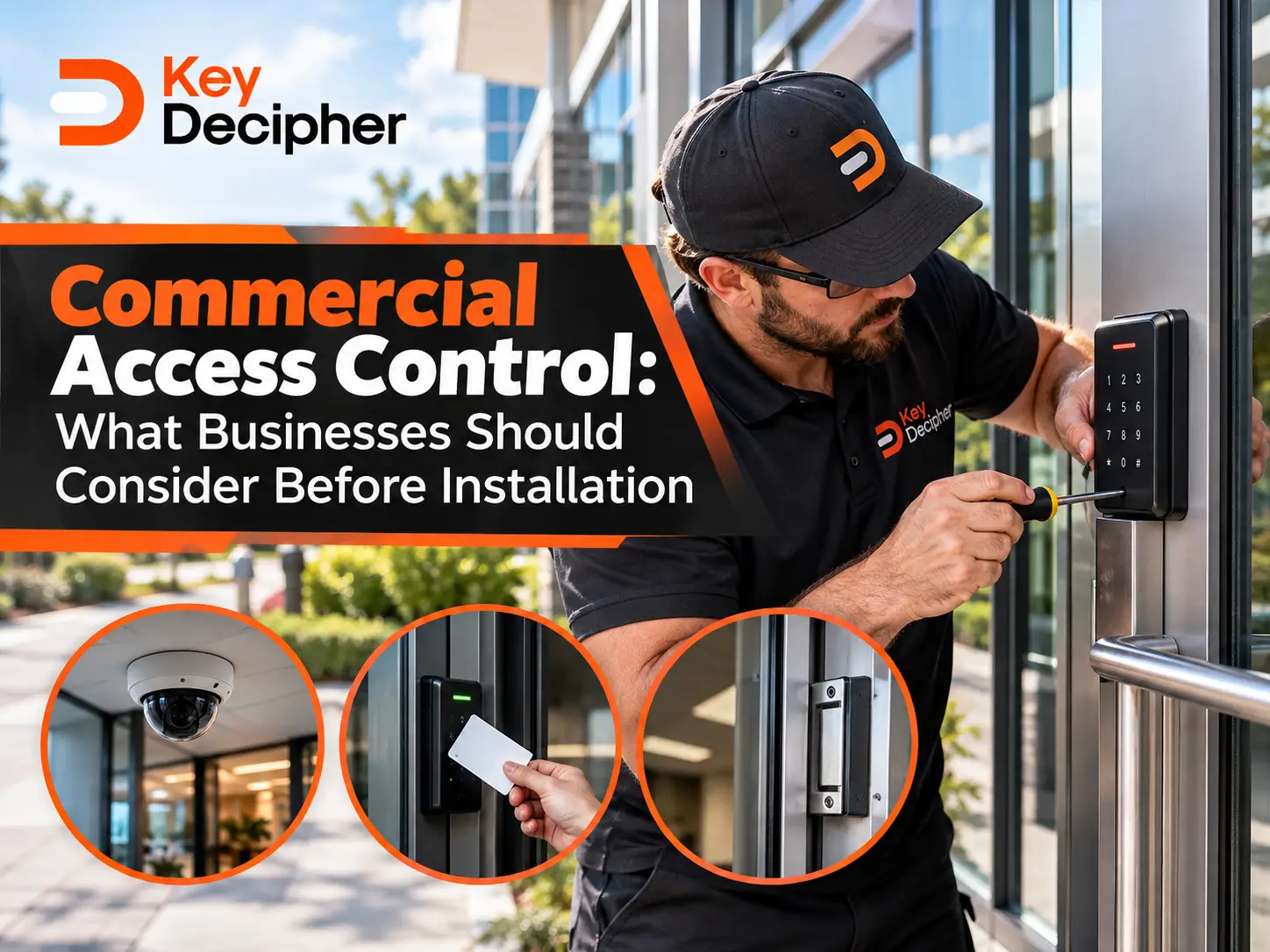 Commercial access control technician demonstrating an RFID card reader at an office entrance, with examples of security cameras, electronic locks, and keypad systems.