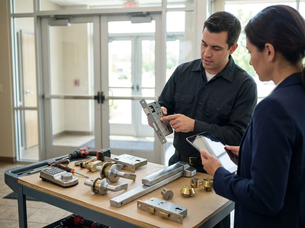 A locksmith explains commercial door lock options to a business owner.