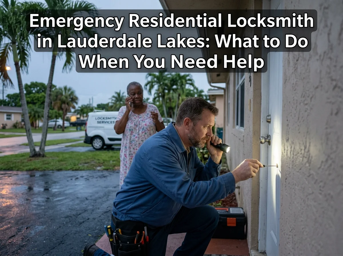 Emergency residential locksmith working on a door lock at a Lauderdale Lakes home