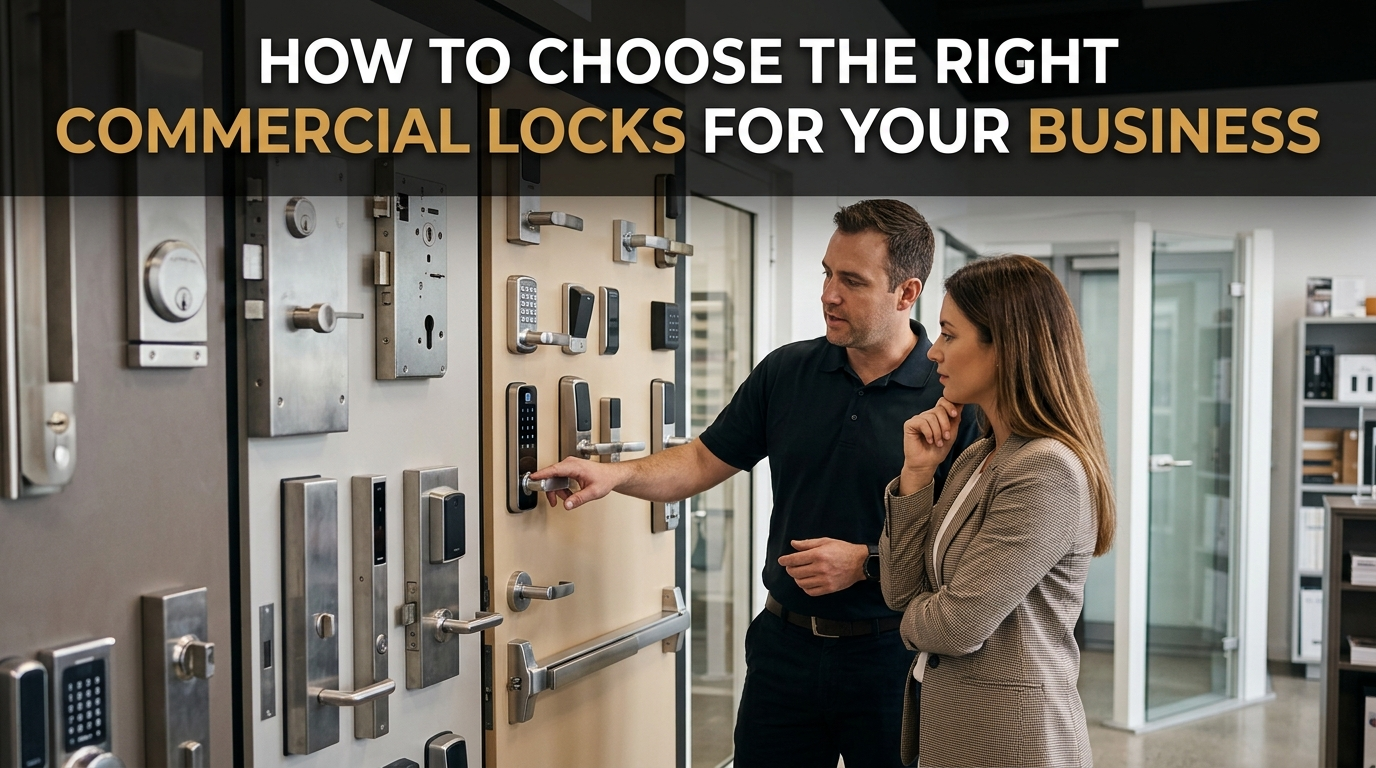 A locksmith helps a business owner compare commercial door locks and access systems.