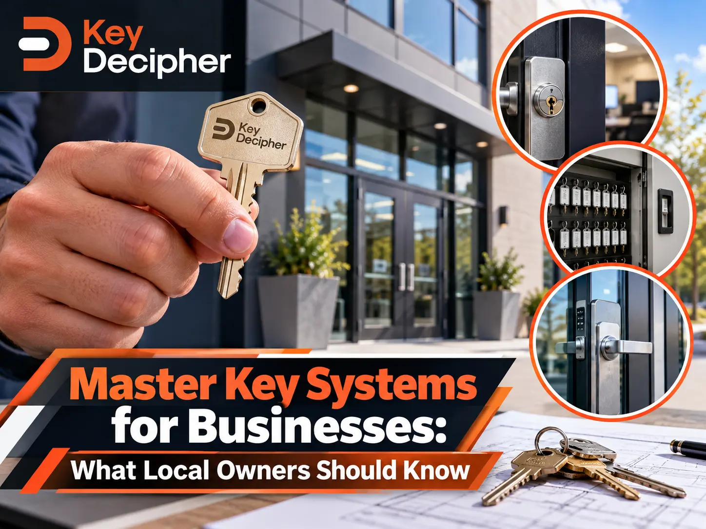 Commercial locksmith holding a set of keys while working on a business door lock in a modern office corridor, illustrating master key systems.