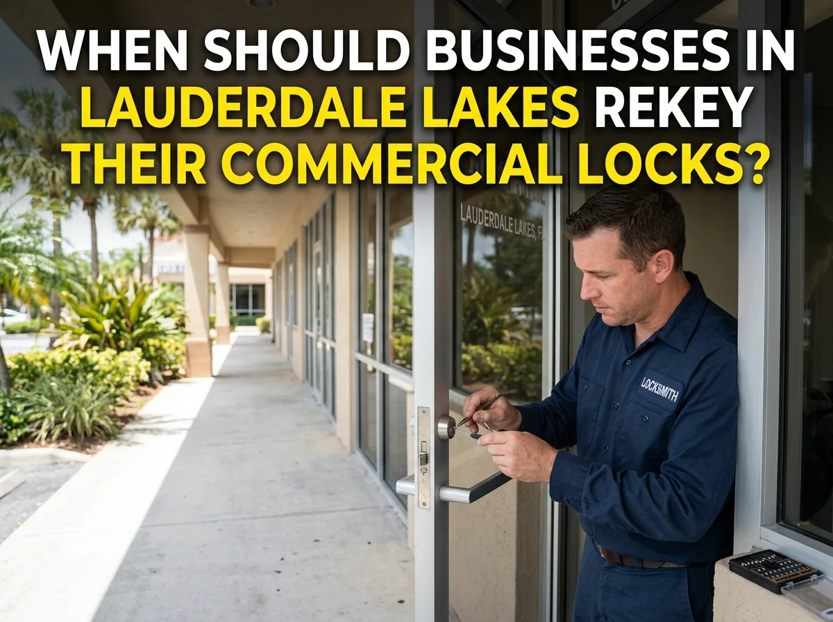Locksmith rekeying a commercial glass door lock at a Lauderdale Lakes business.